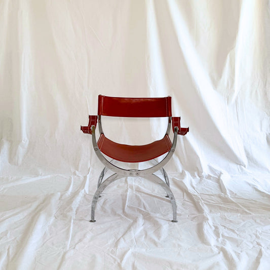 Pair of Vintage 1970s French Maison Pouenat Director’s Chairs in Chrome & Leather