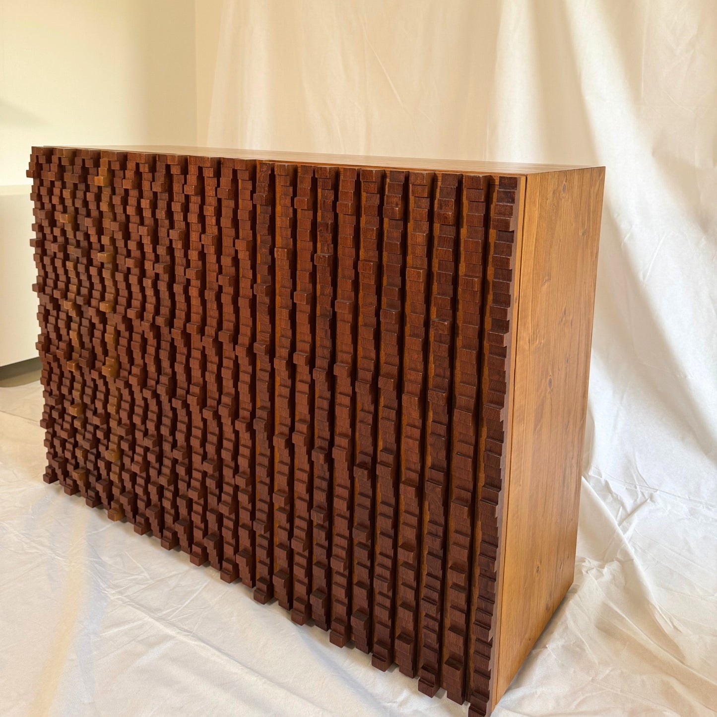 Vintage Italian Sculptural Slatted Cabinet, 1970s-80s