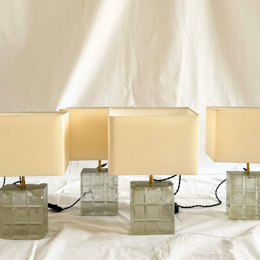 Vintage 1950s–60s French Paris Metro Glass Tile Table Lamp with Silk Shade