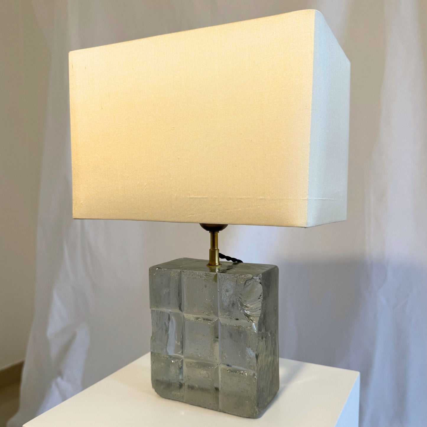 Vintage 1950s–60s French Paris Metro Glass Tile Table Lamp with Silk Shade